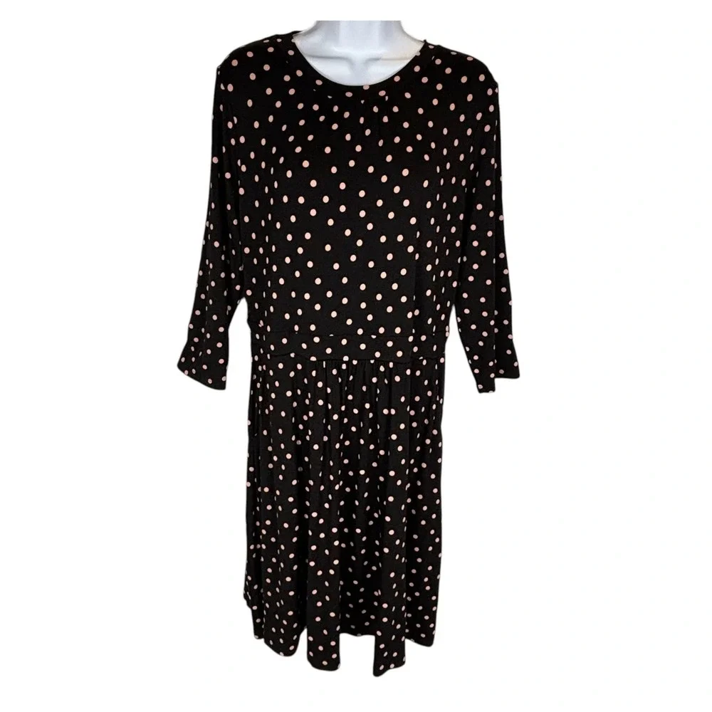 NWT Boden Black Pink Polka Dot Knit Dress‎ 3/4 Sleeve Fit Flare